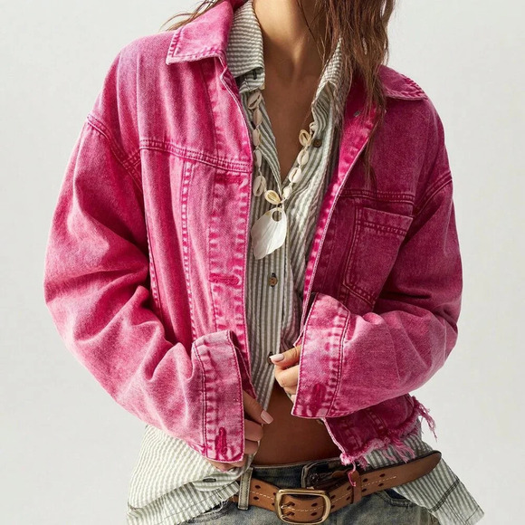 Hot Pink Women's Loose Fit Dropped Shoulder Long Sleeve Washed Jean Jacket - Picture 4 of 8